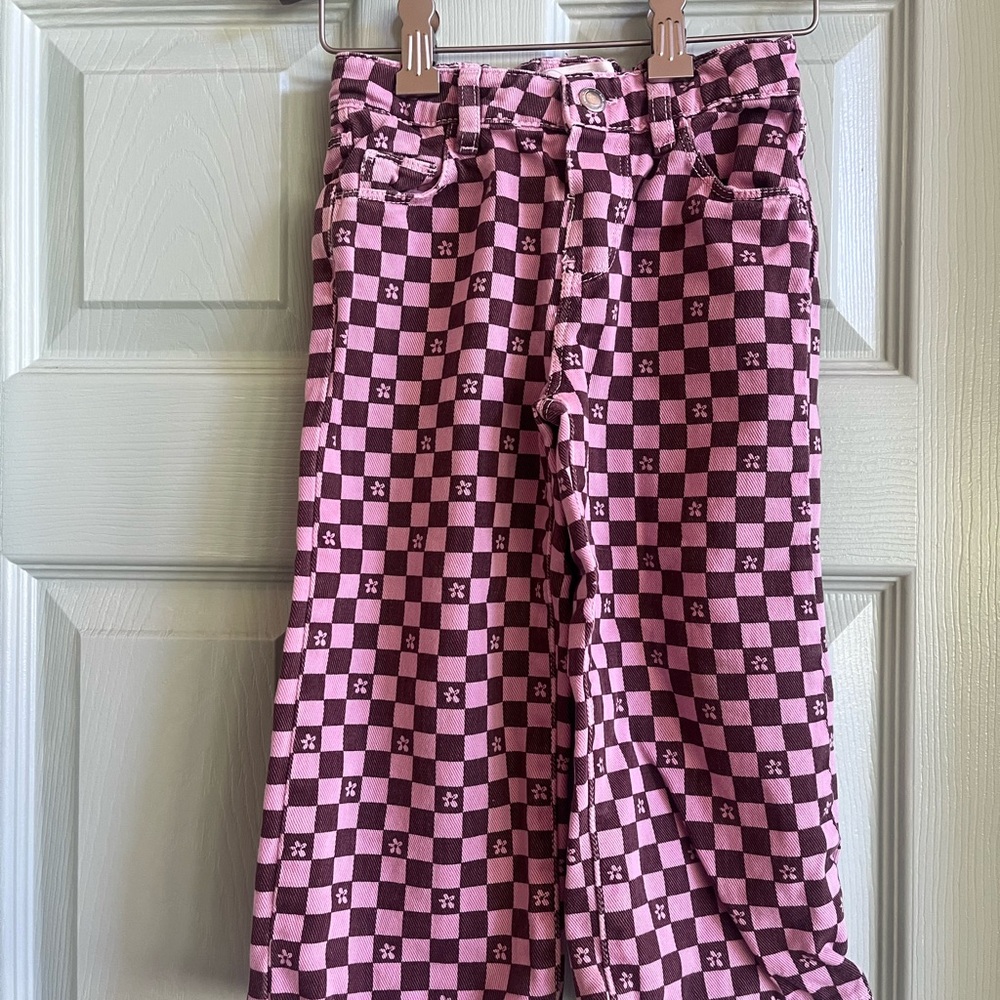 Zara Pink and Dark Pink Checker Wide-Leg Jeans